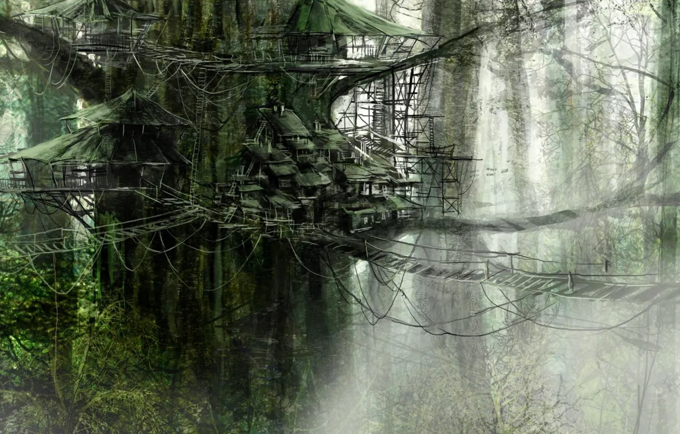 Photo wallpaper forest, fog, tree, Asia, home, village, rope ladder