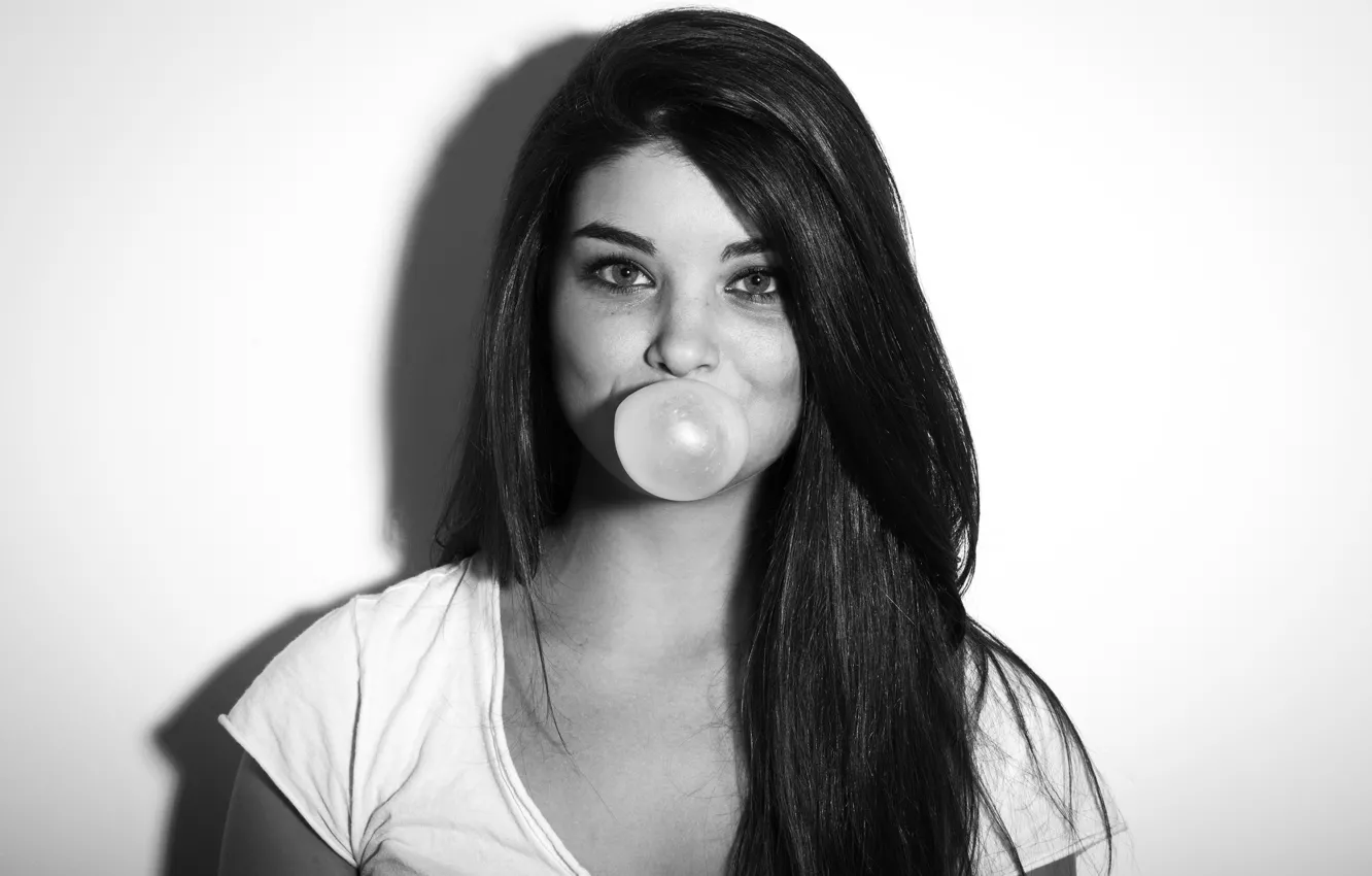 Photo wallpaper Girl, Hair, Bubble, Brunette, Chewing gum, Gum