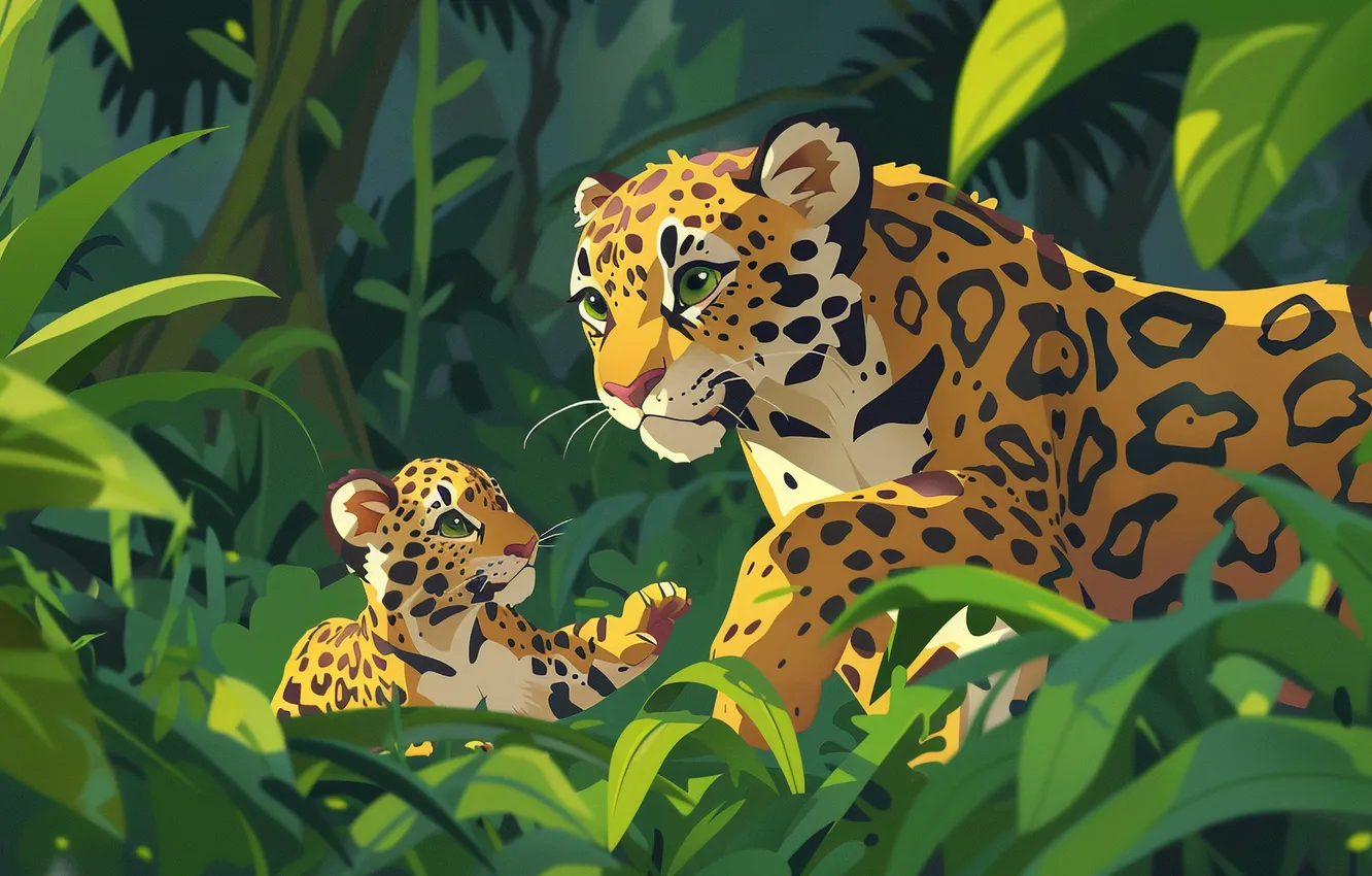Photo wallpaper leaves, predator, Jaguar, cub, kitty, two, big cats, digital art