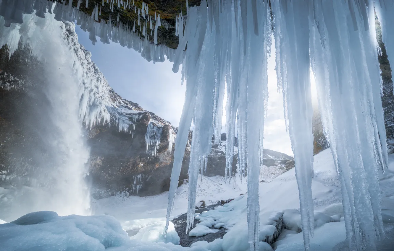 Photo wallpaper winter, snow, mountains, icicles, Iceland, frozen waterfall