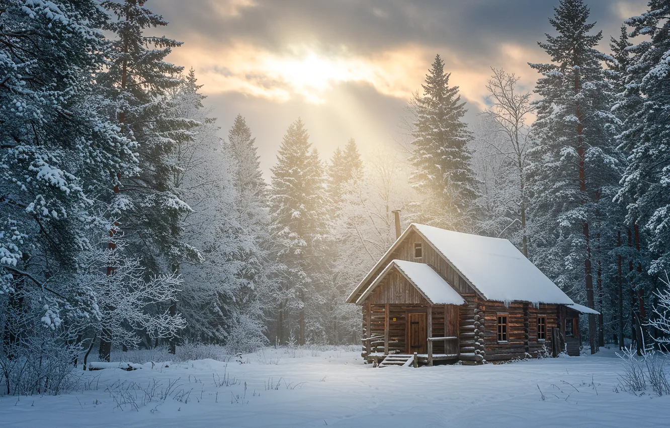 Photo wallpaper winter, forest, snow, home