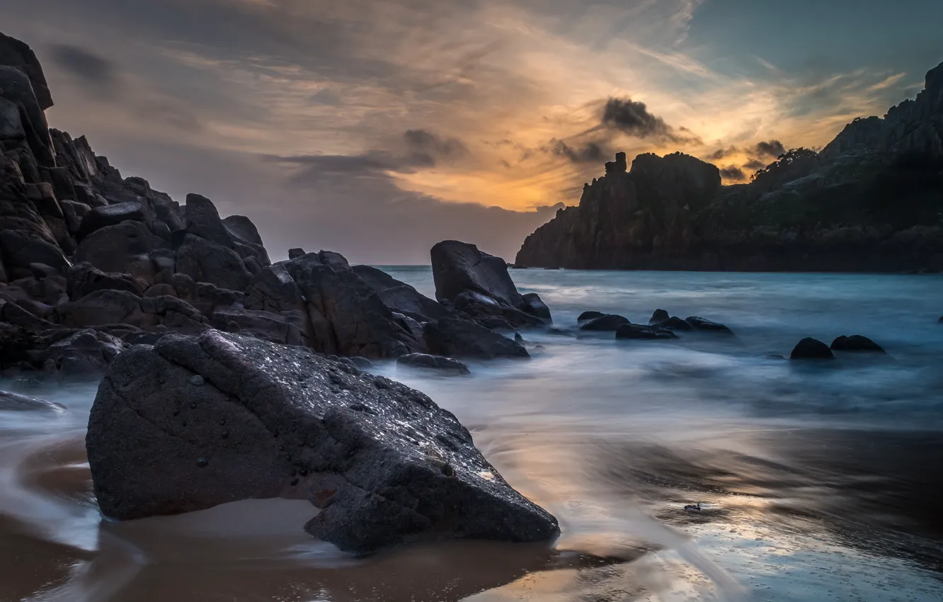 Photo wallpaper sea, wave, the sky, clouds, landscape, nature, stones, rocks