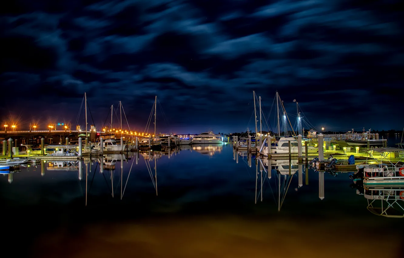 Photo wallpaper the sky, water, clouds, night, bridge, lights, reflection, river