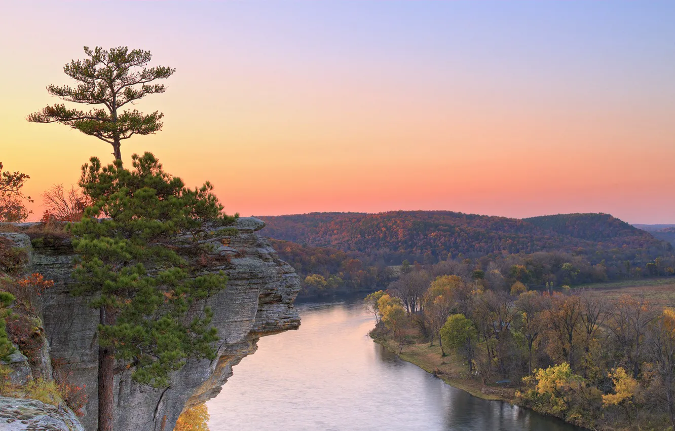 Photo wallpaper autumn, forest, the sky, trees, sunset, mountains, river, rocks