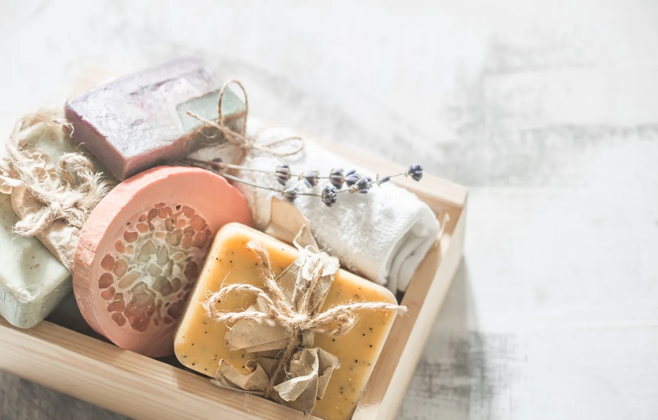 Photo wallpaper relax, rope, soap, box, light background, different, cosmetics, lavender
