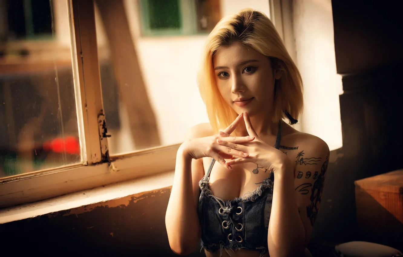 Photo wallpaper model, tattoo, women, window, brunette, Denim, asian, Top