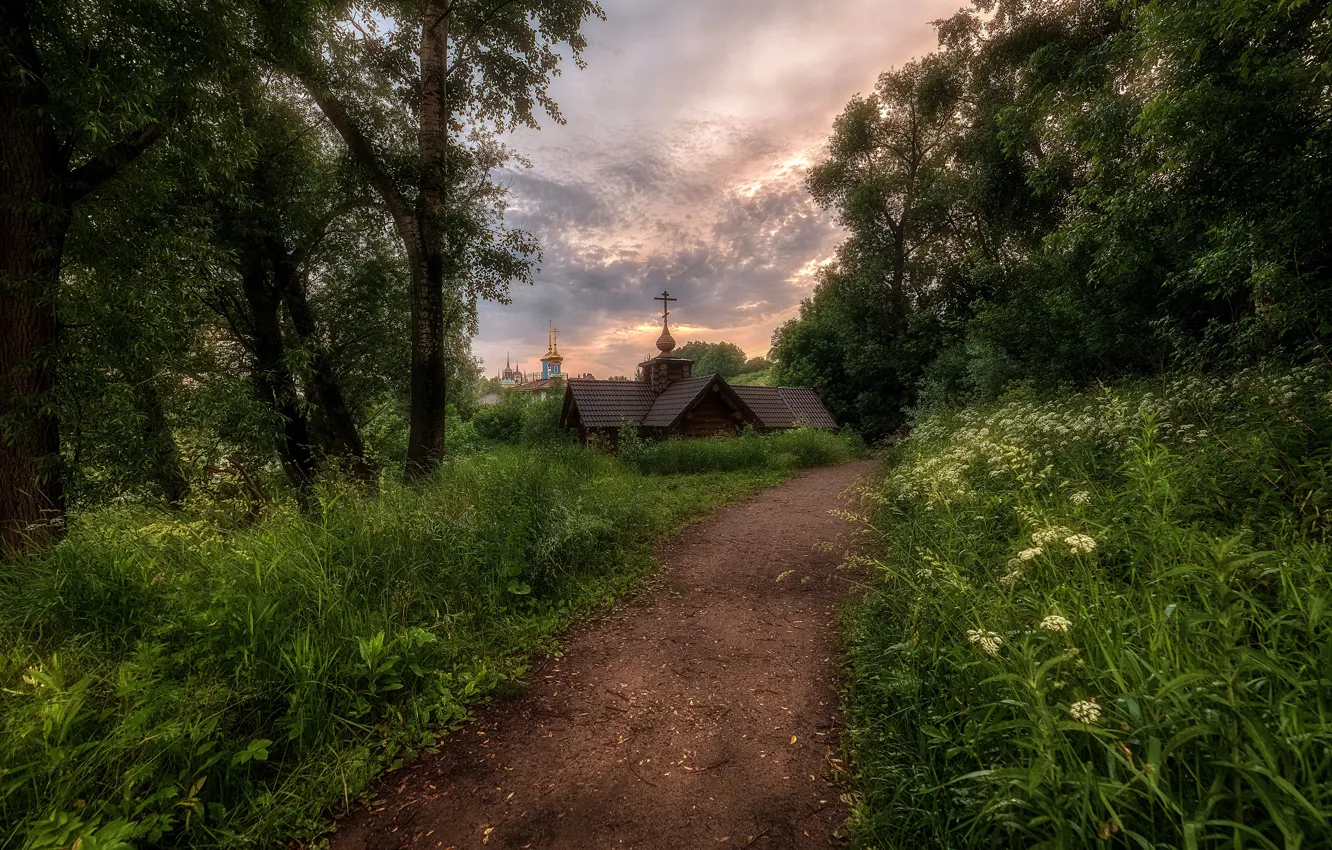 Photo wallpaper greens, grass, trees, flowers, thickets, Church, Russia, path