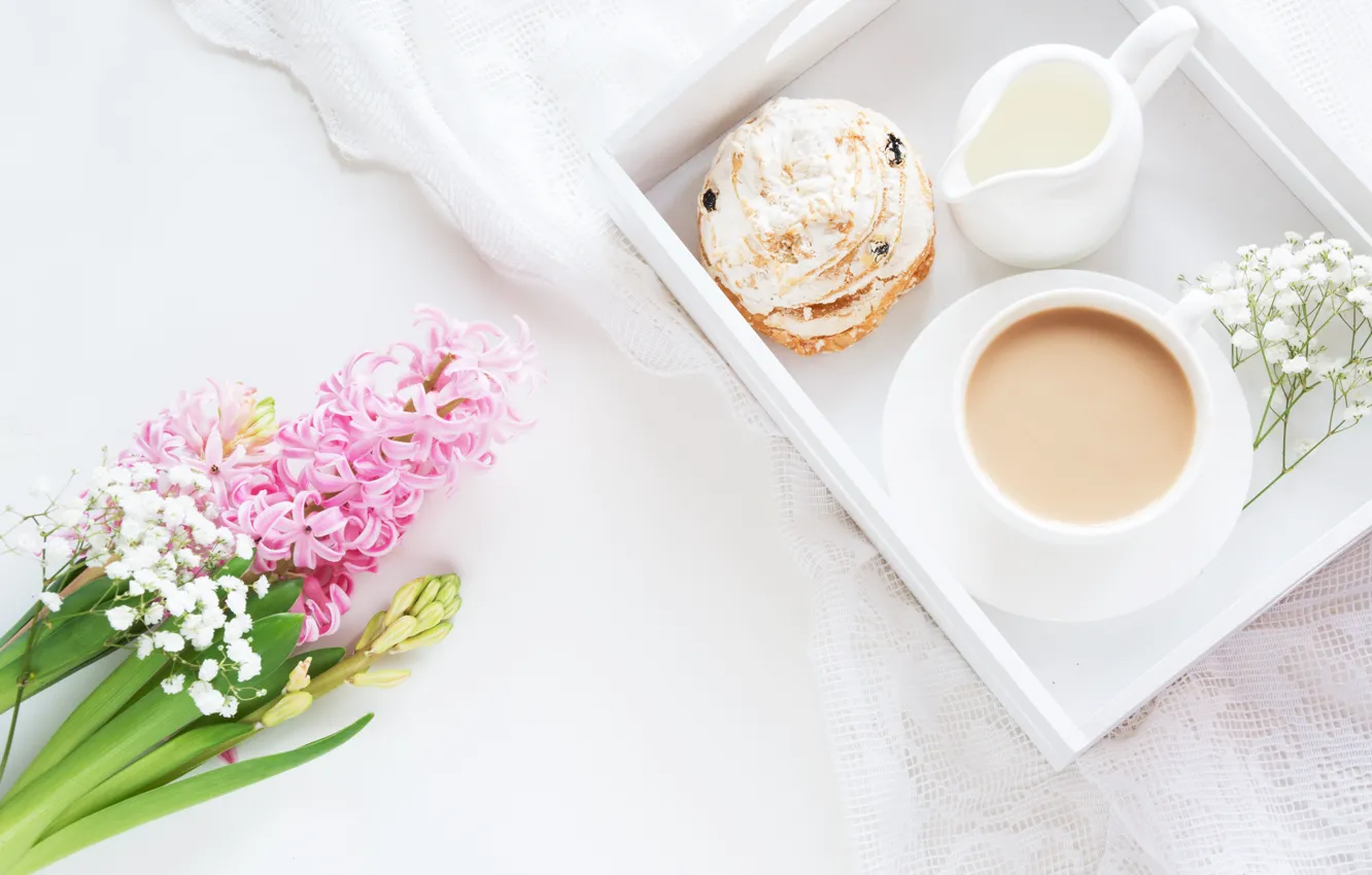 Photo wallpaper flowers, coffee, cake, hyacinths