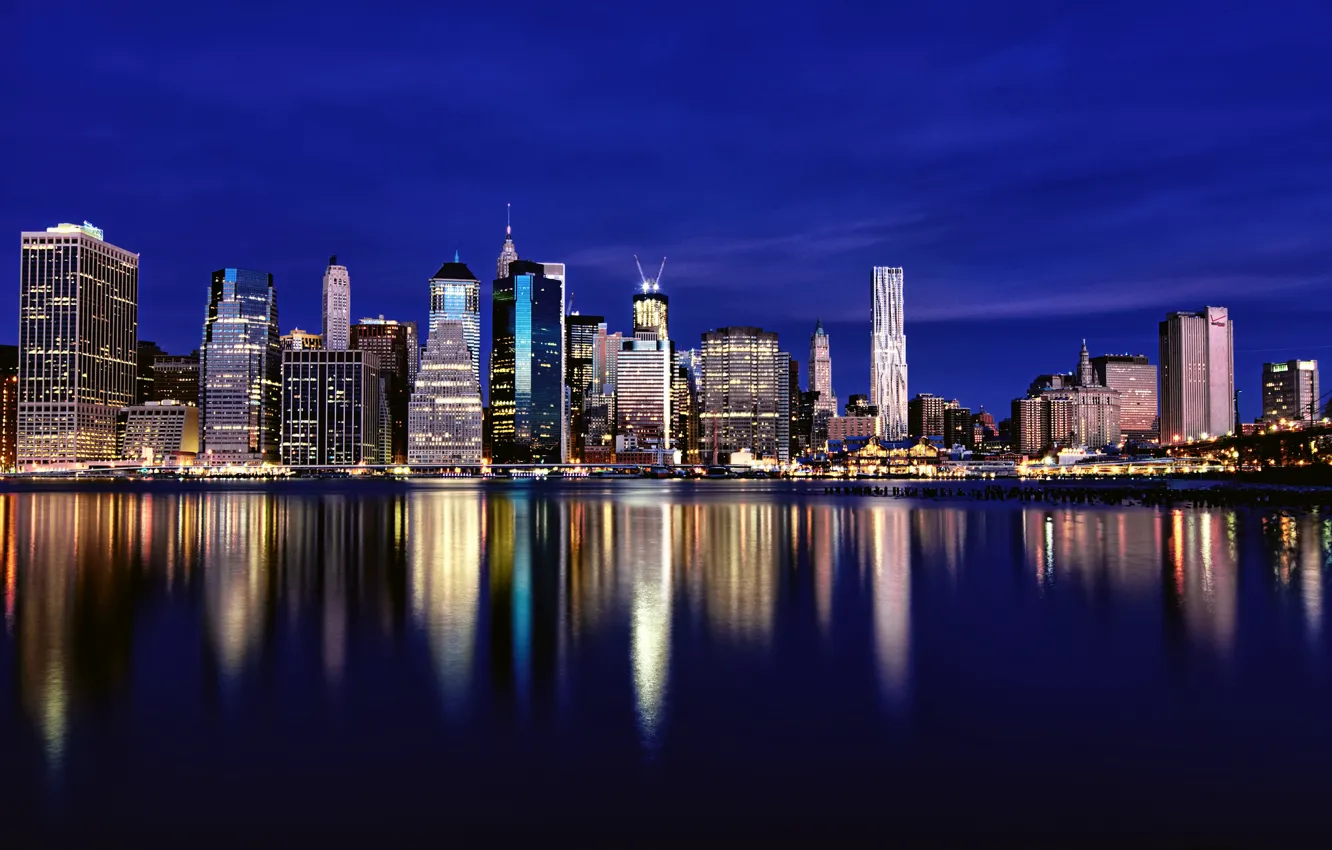 Photo wallpaper the sky, night, lights, reflection, river, building, New York, skyscrapers