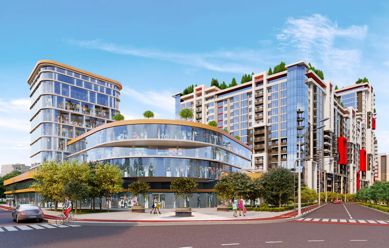 Photo wallpaper the sky, trees, transport, people, building