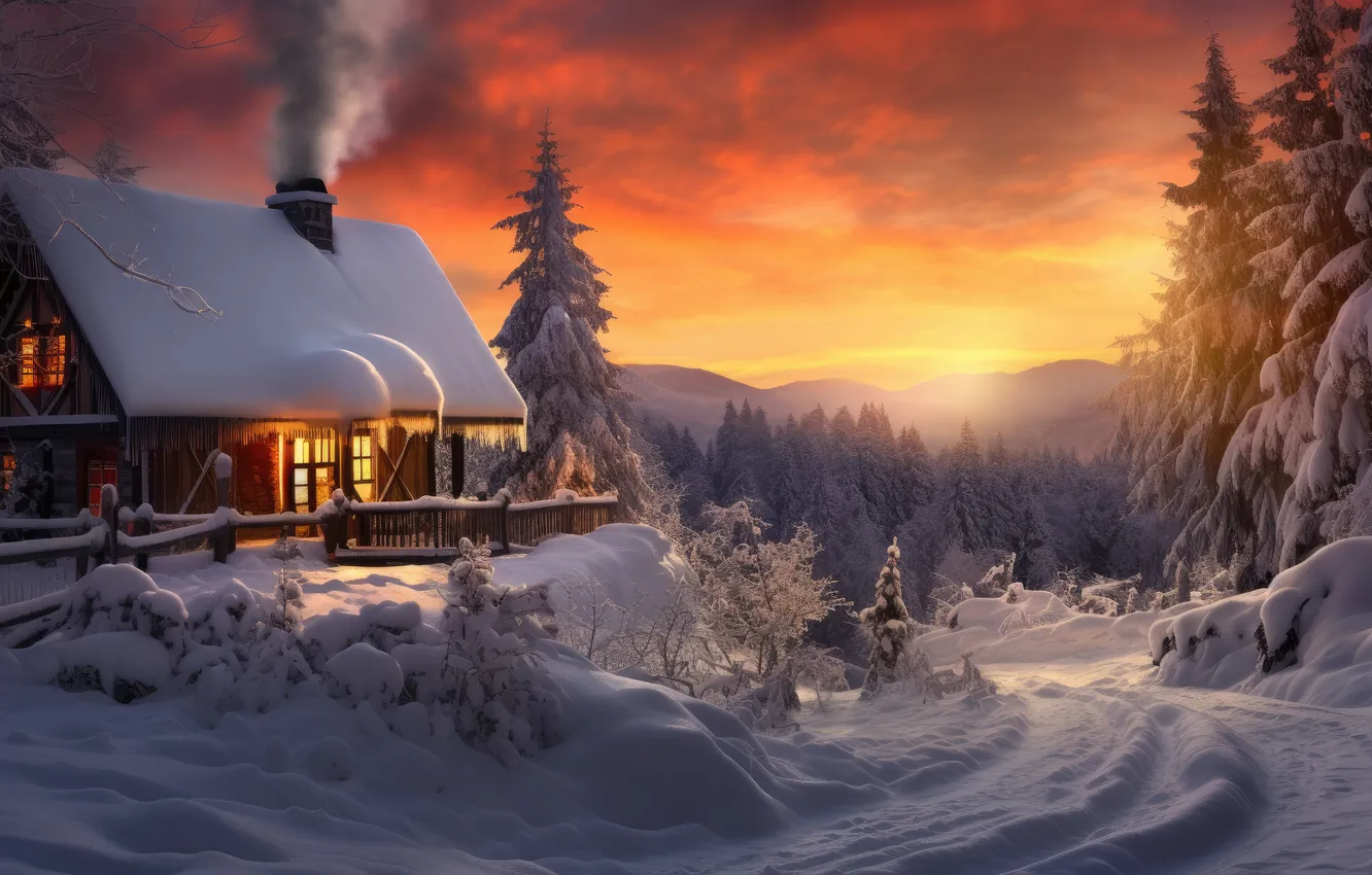 Photo wallpaper winter, forest, snow, mountains, nature, house, house, hut