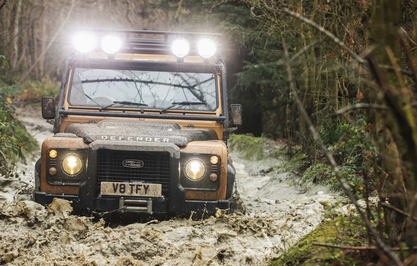 Photo wallpaper water, nature, dirt, Land Rover, Trophy, headlights, Defender, Works