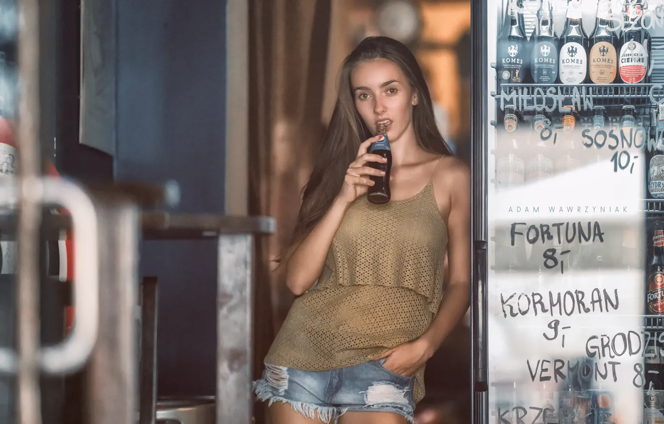 Photo wallpaper girl, shorts, bottle, refrigerator, Adam Wawrzyniak