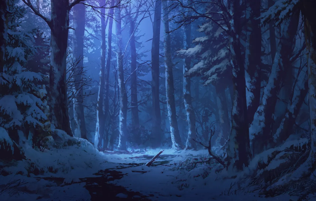 Photo wallpaper snow, stream, twilight, art, winter forest, Iku Can To Ada