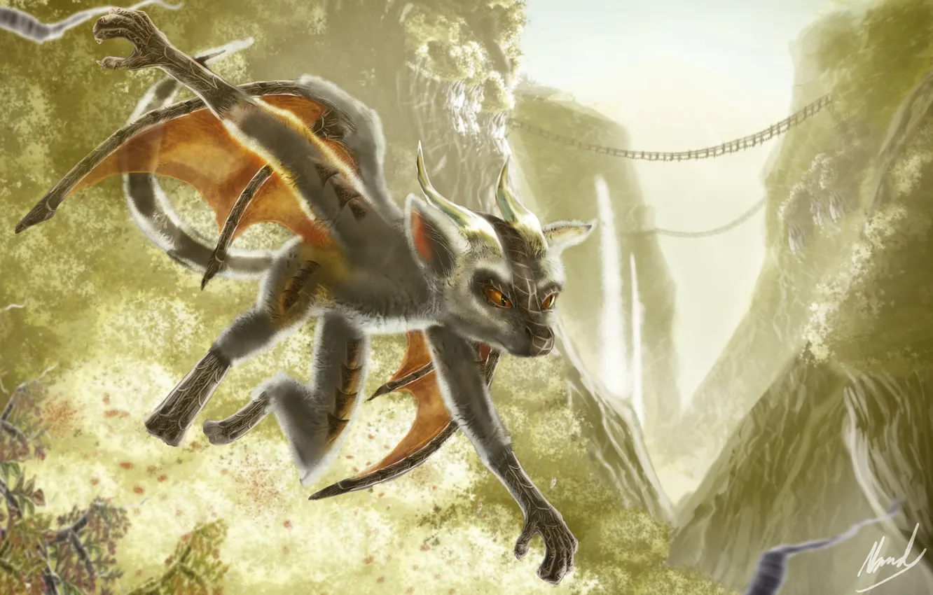 Photo wallpaper trees, branches, bridge, rocks, jump, dragon, art, lemur