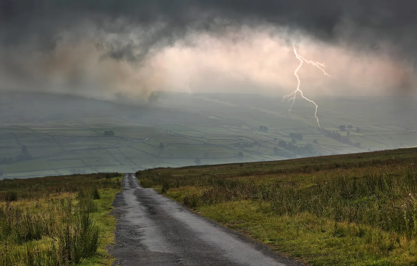 Photo wallpaper road, field, clouds, lightning