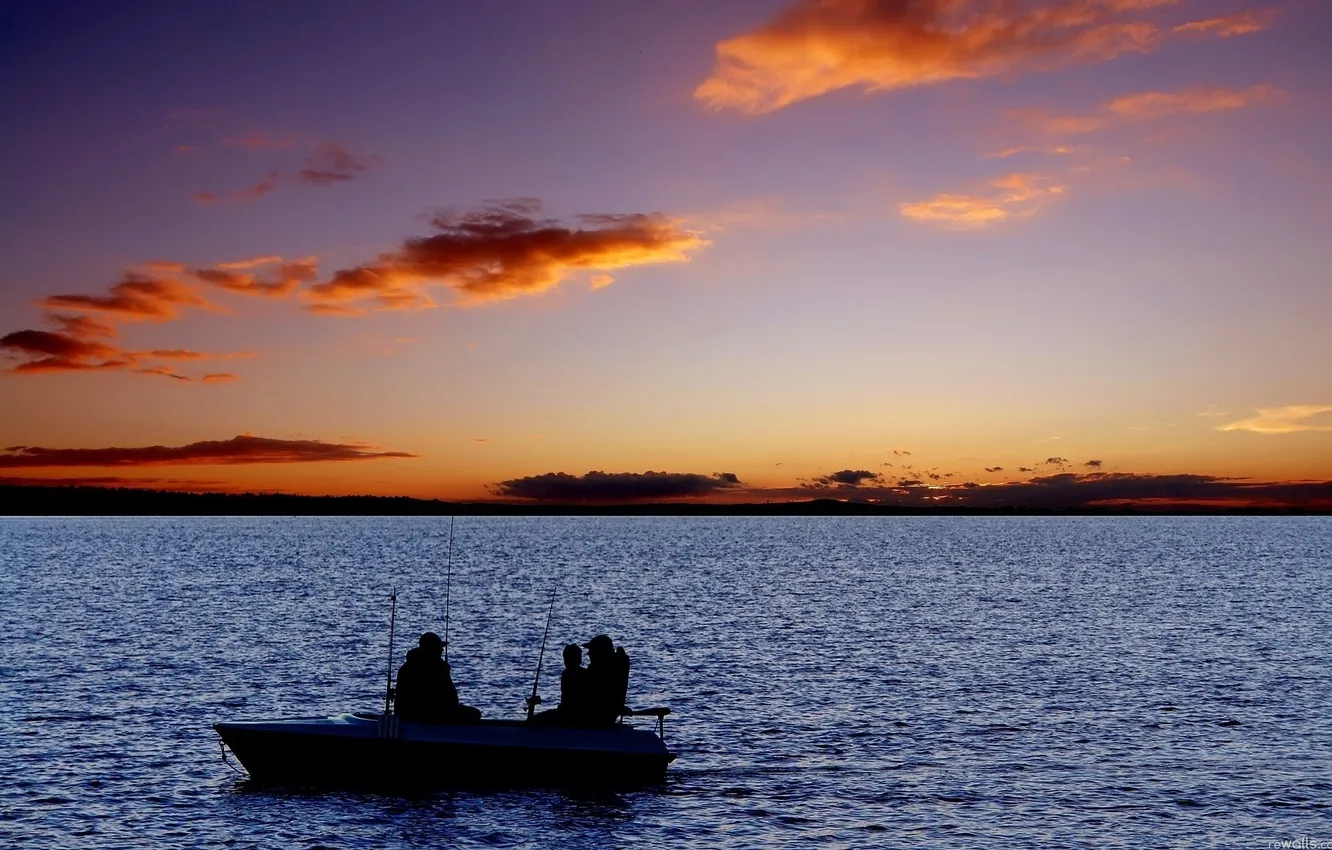Photo wallpaper Sunset, The sky, Clouds, Lake, Horizon, Boat, Fishermen, Fishing rods