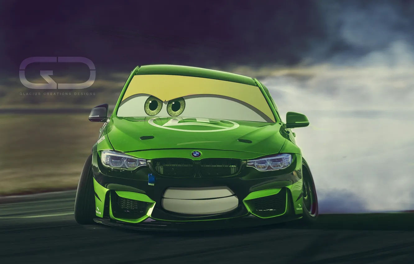 Photo wallpaper Auto, BMW, Green, Machine, Smile, Eyes, Art, Cars