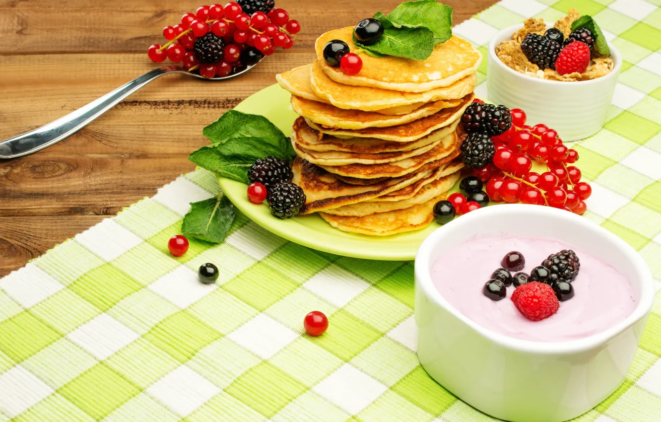 Photo wallpaper berries, Breakfast, honey, pancakes, fresh, currants, BlackBerry, berries