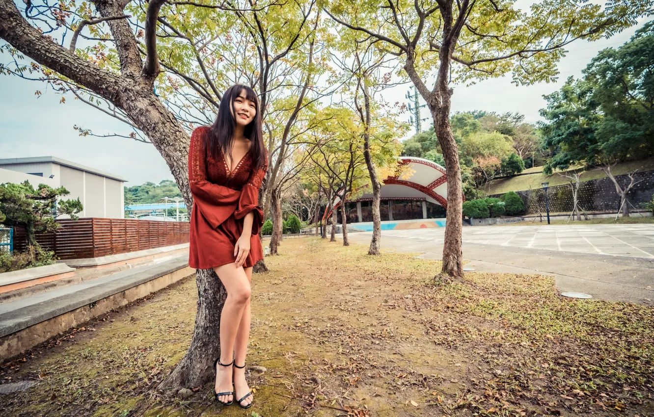 Photo wallpaper girl, pose, dress, legs, Asian