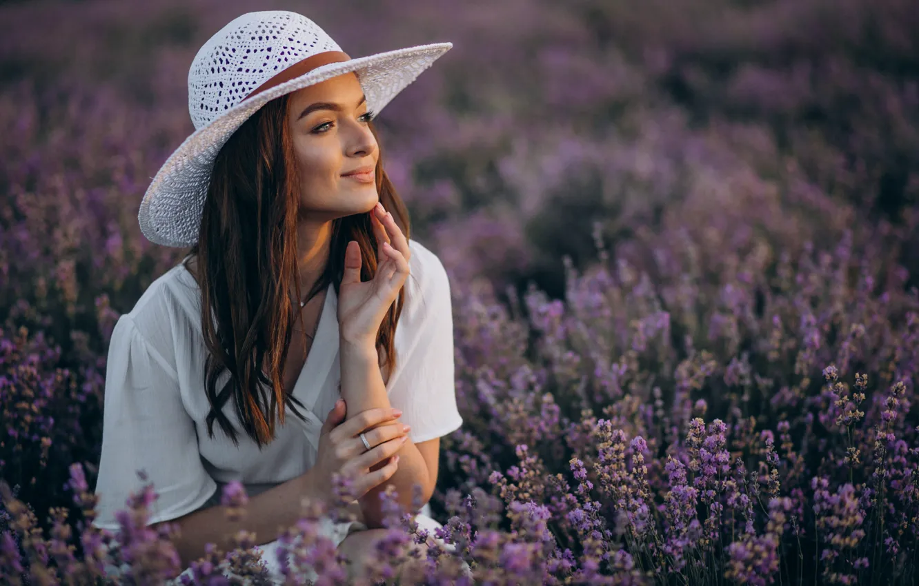 Photo wallpaper girl, flowers, portrait, hat, lavender, lavender field