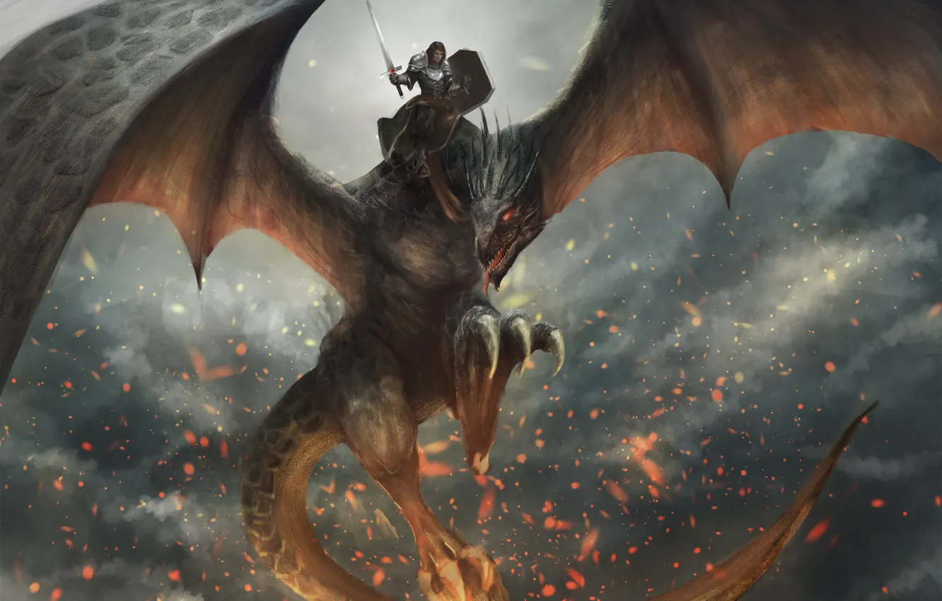 Photo wallpaper fire, dragon, wings, sword, armor, warrior, rider