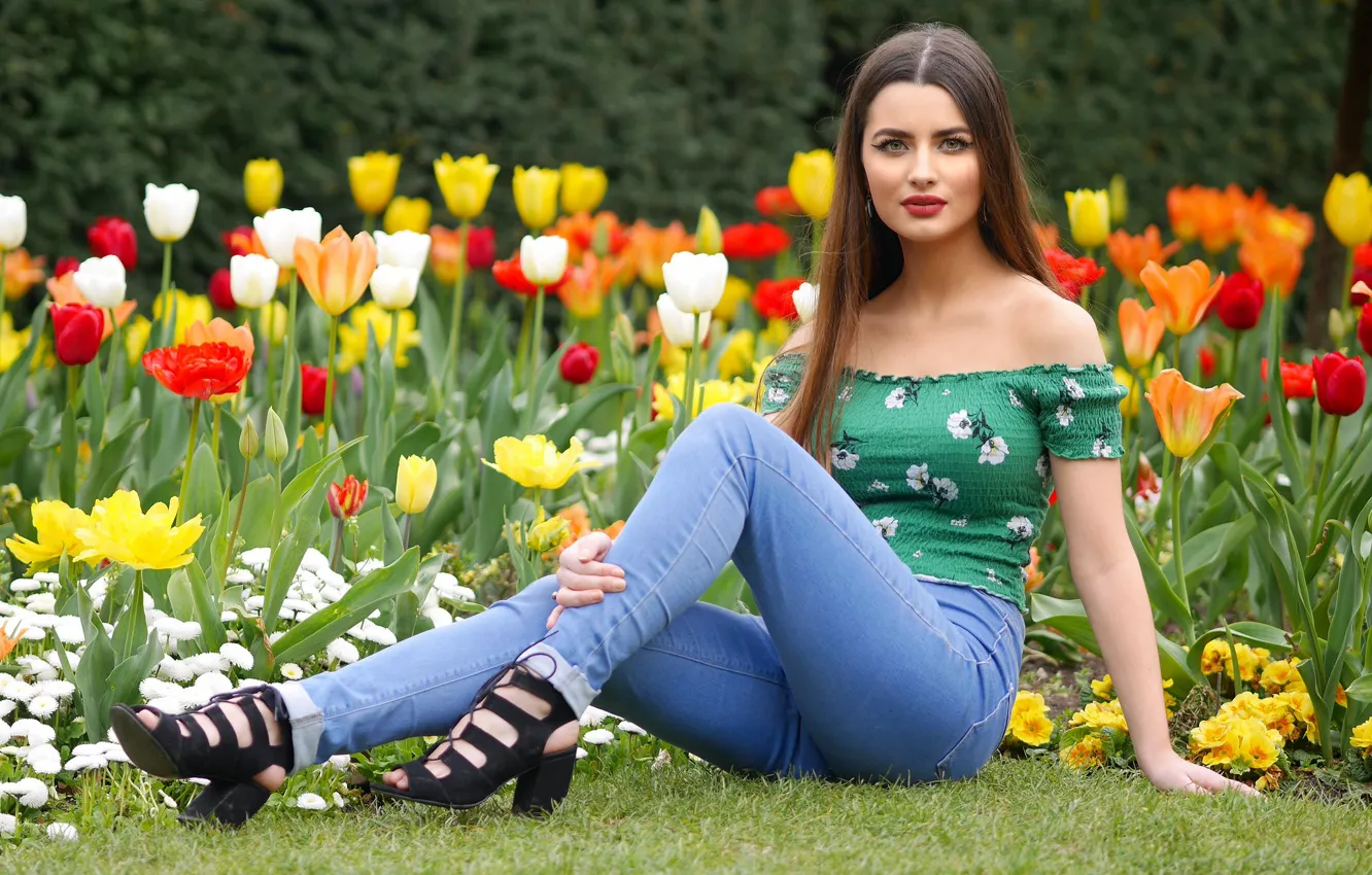 Photo wallpaper look, flowers, sexy, lawn, jeans, tulips, beauty, long-haired