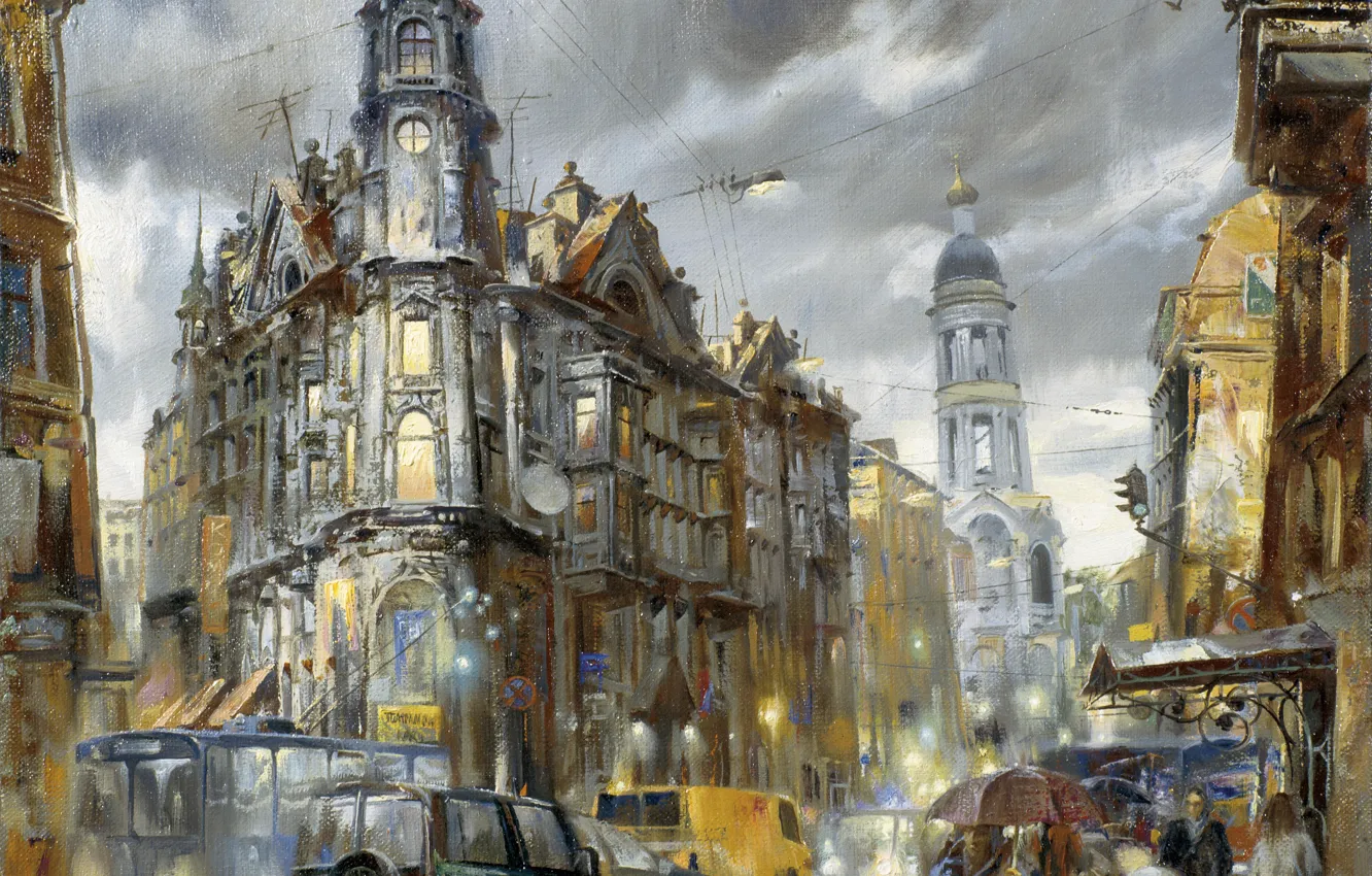 Photo wallpaper machine, the city, lights, rain, transport, street, figure, picture