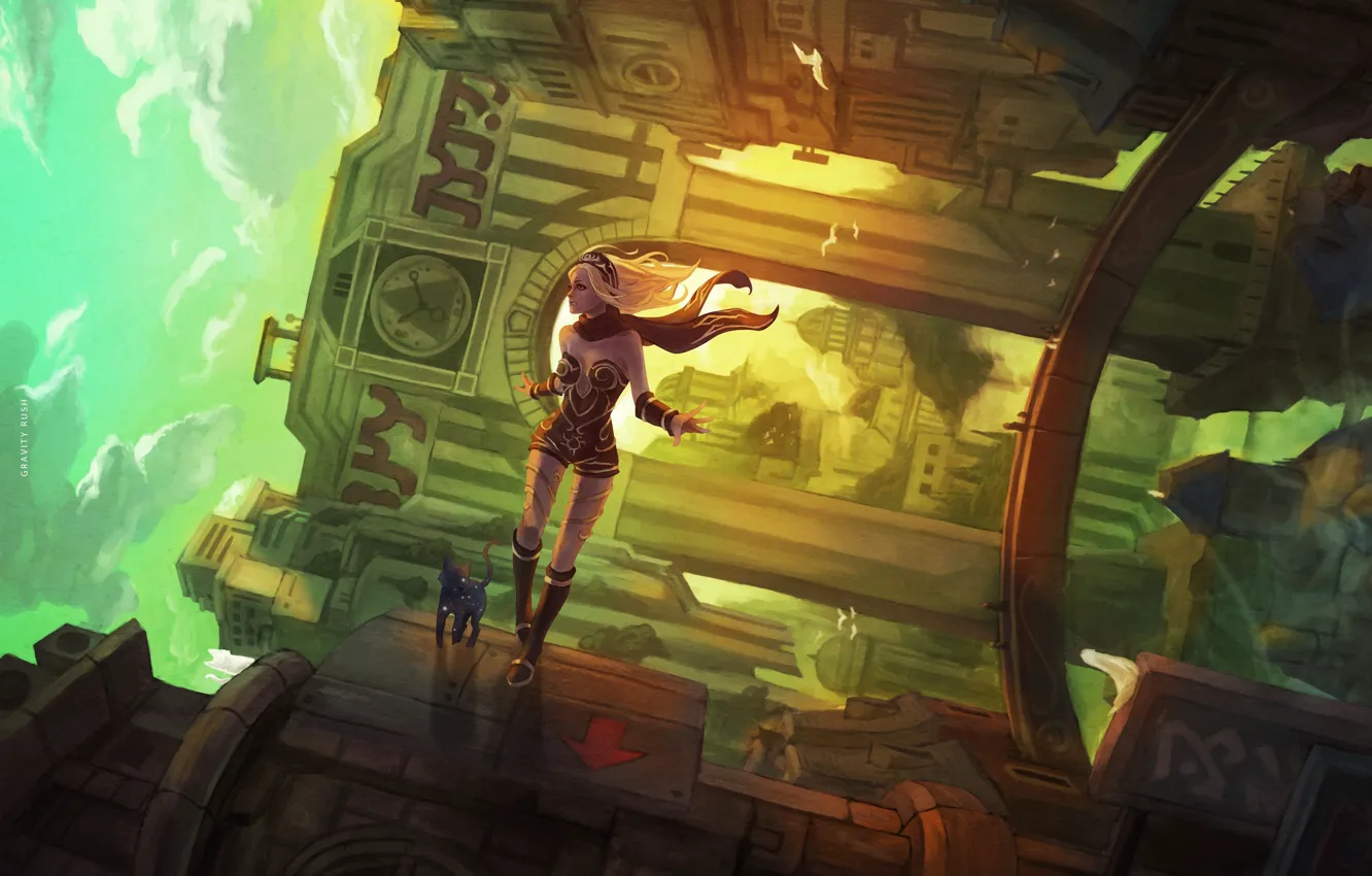 Photo wallpaper cat, girl, the city, house, fiction, gravity, art, gravity rush 2