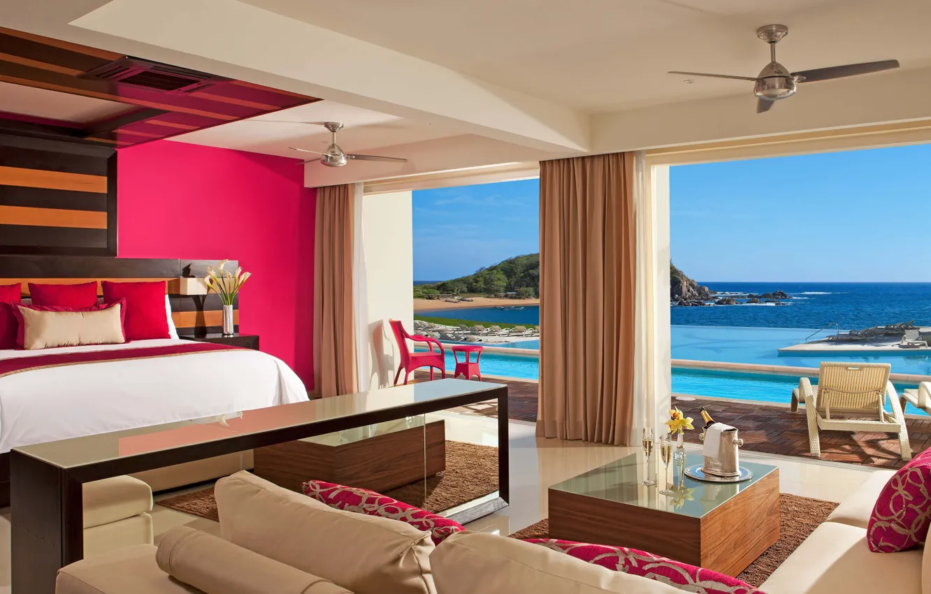 Photo wallpaper room, table, window, bed, sea, view, champagne