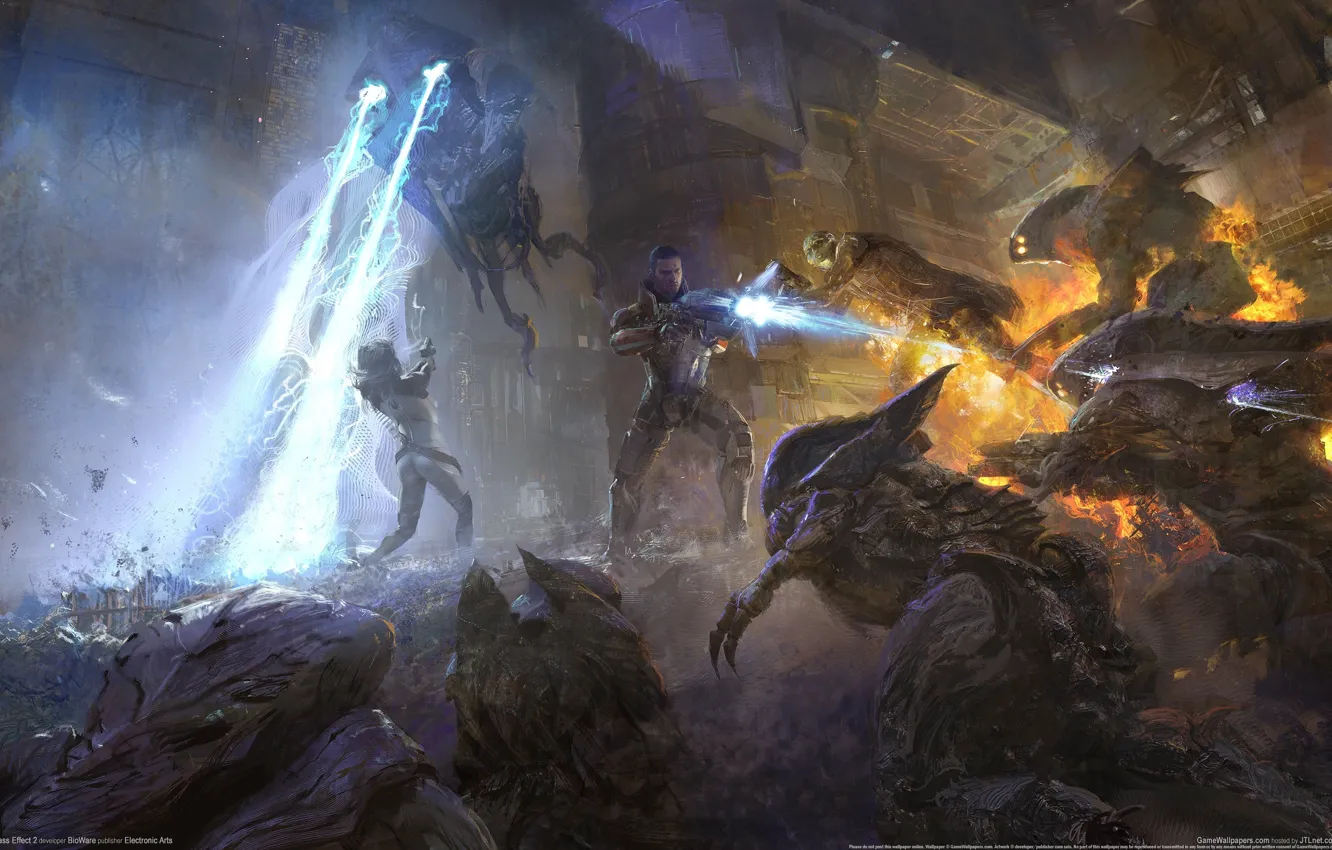 Photo wallpaper weapons, battle, soldiers, mass effect 2, soldiers, shepard, plasma, Shepard