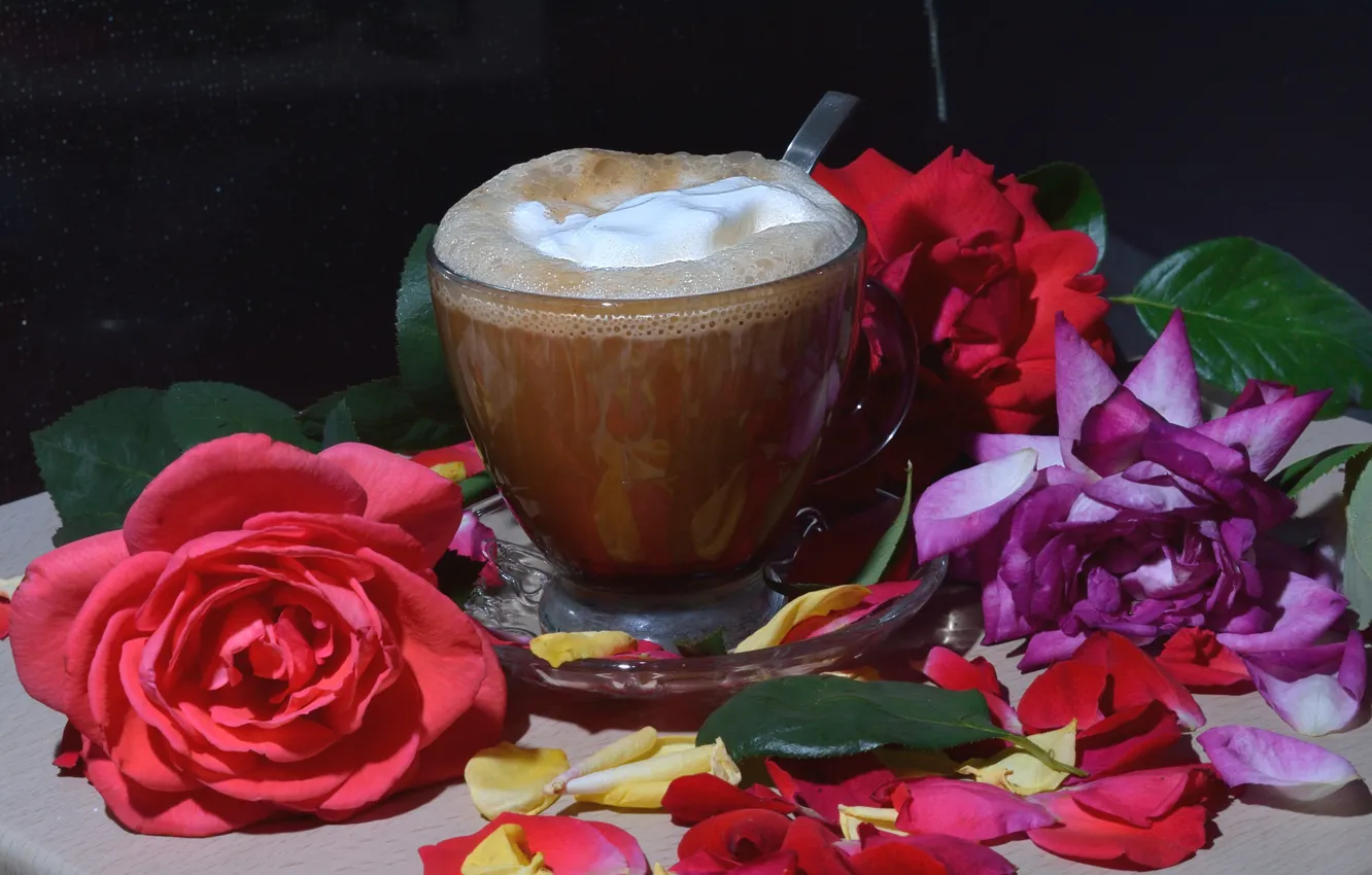 Photo wallpaper flowers, coffee, roses, drink, foam