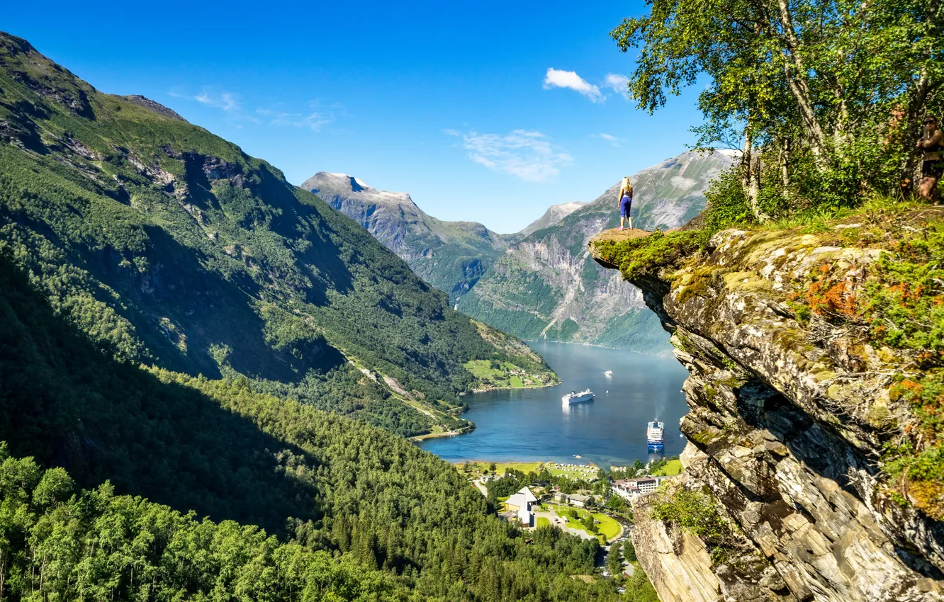 Photo wallpaper girl, mountains, rock, Norway, panorama, Norway, the fjord, Ålesund