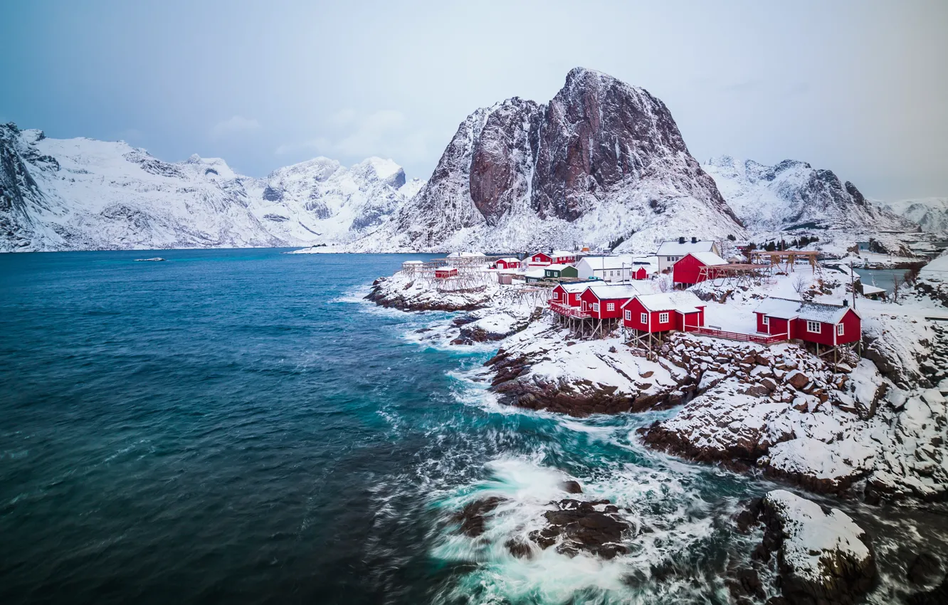 Photo wallpaper winter, snow, Norway, town, settlement, February, archipelago, The Lofoten Islands