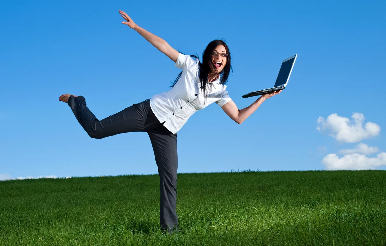 Photo wallpaper greens, field, the sky, grass, girl, the sun, clouds, joy