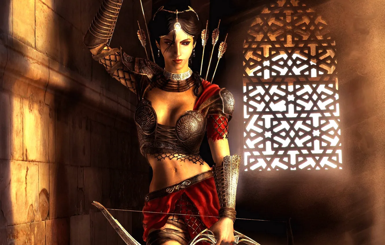 Photo wallpaper girl, decoration, the city, room, lights, the game, armor, bow