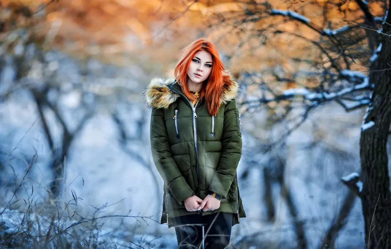 Photo wallpaper snow, jacket, hood, fur, redhead, Masha Fox