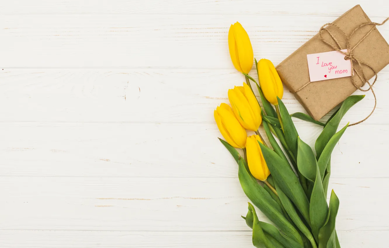 Photo wallpaper flowers, yellow, tulips, yellow, wood, flowers, tulips, spring