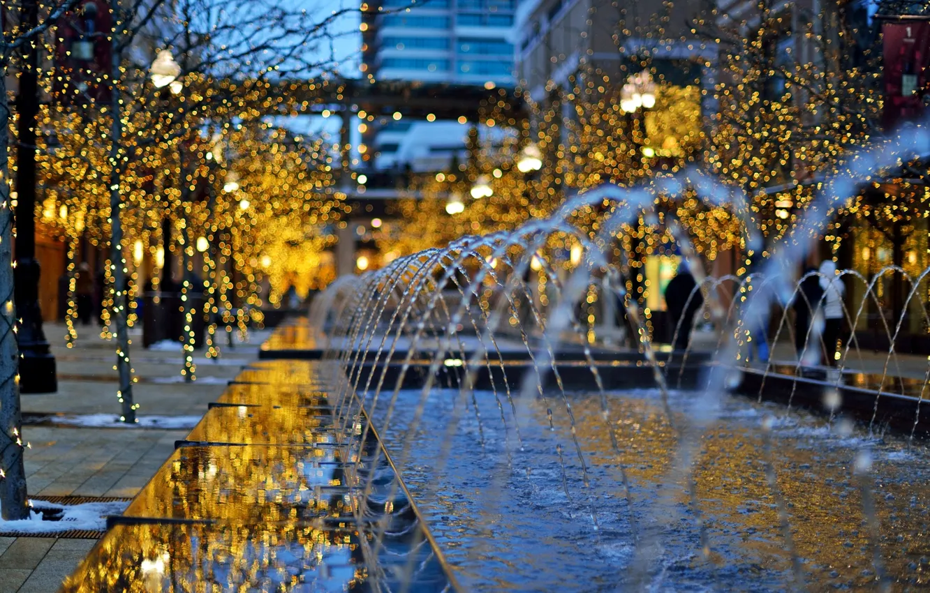 Photo wallpaper winter, trees, the city, lights, holiday, building, the evening, fountain