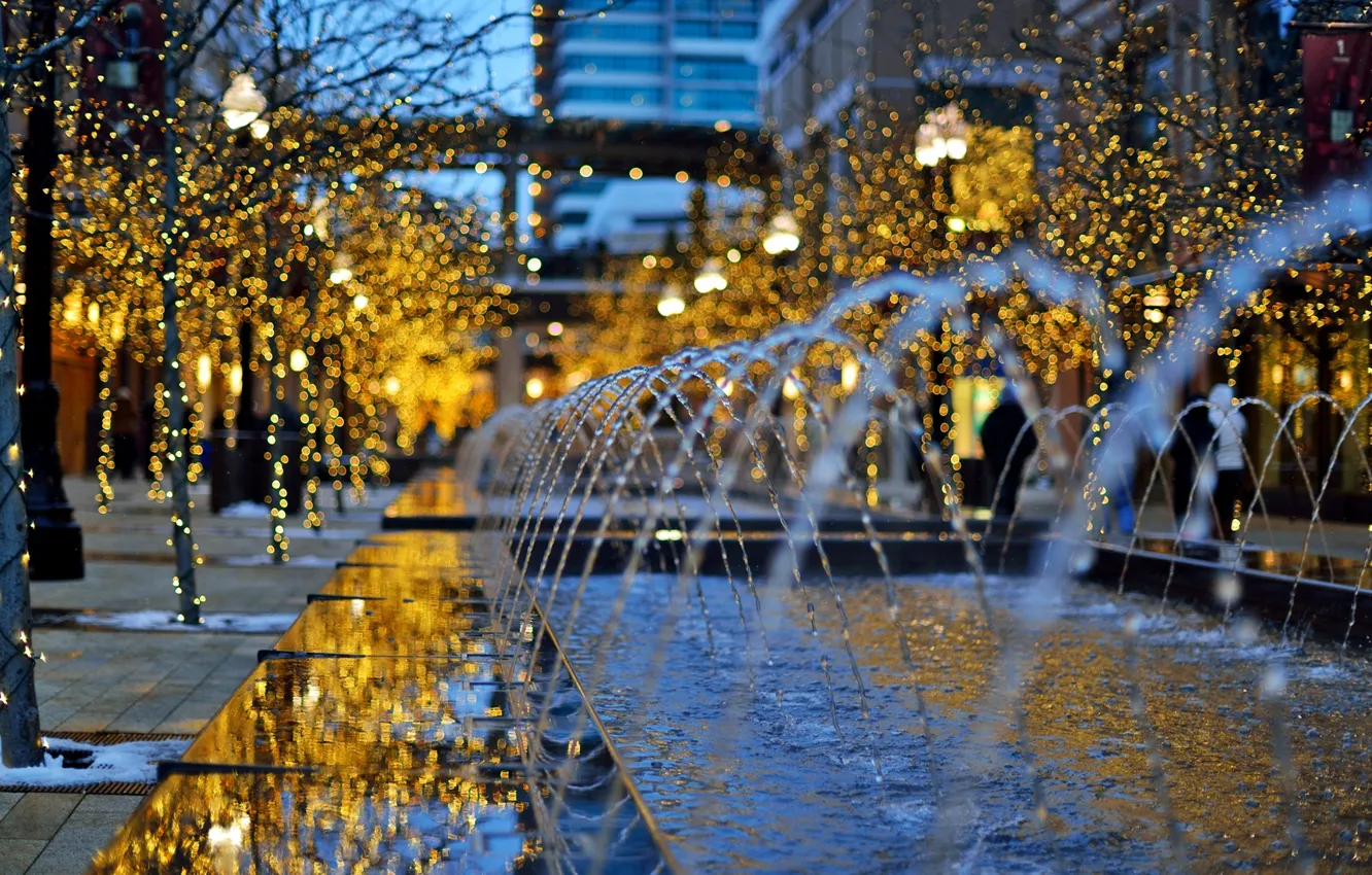 Photo wallpaper winter, trees, the city, lights, building, the evening, fountain, Utah