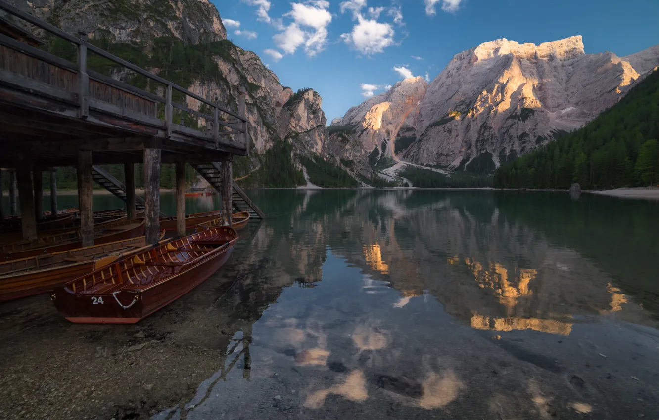 Photo wallpaper landscape, mountains, nature, lake, reflection, boats, Italy, South Tyrol
