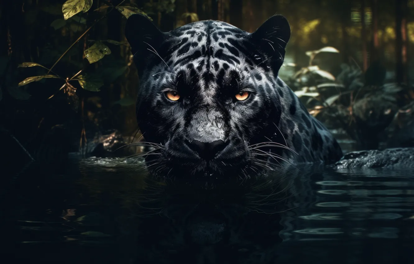 Photo wallpaper look, face, water, nature, pose, black, Panther, bathing