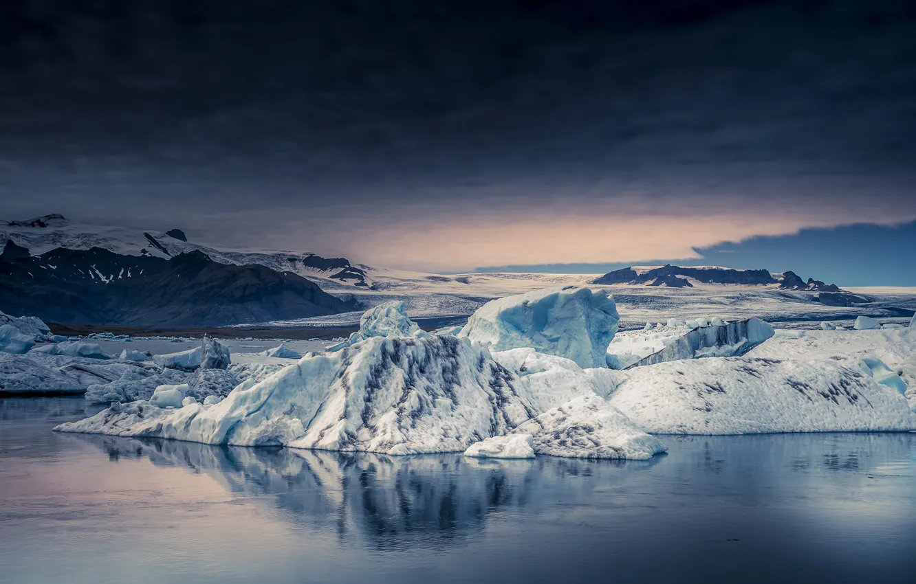 Photo wallpaper ice, iceberg, ice, mountains, winter, shore, pond, glacier