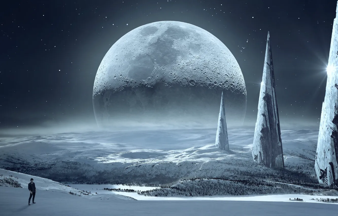 Photo wallpaper winter, forest, the sky, space, stars, light, snow, night