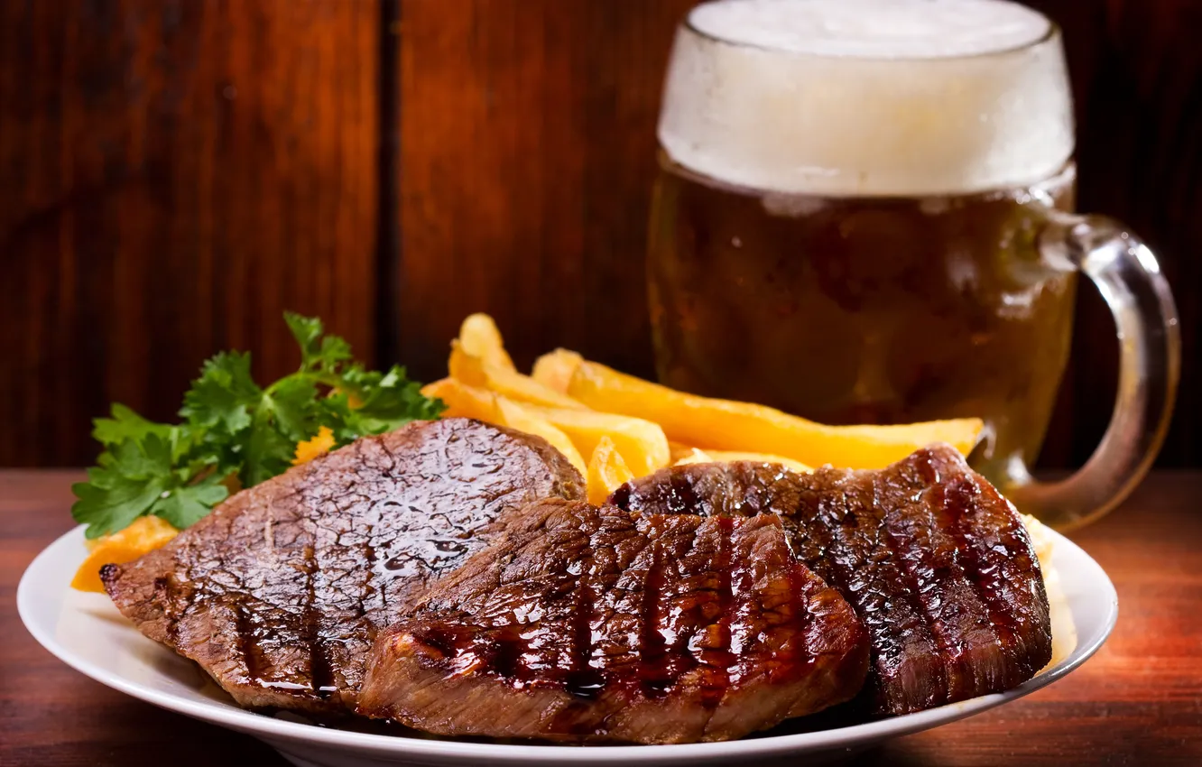 Photo wallpaper beer, closeup, dinner, alcohol, condensation, beverage, beef, beefsteak