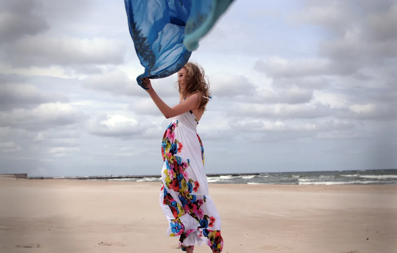 Photo wallpaper girl, the wind, dress, shawl, sundress