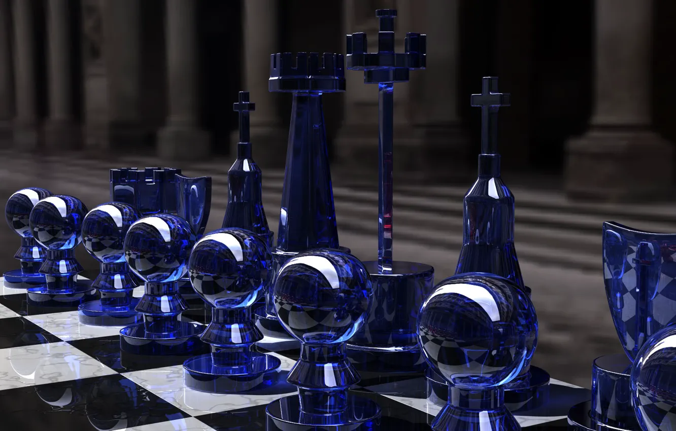 Photo wallpaper the game, chess, glass, Board, figure, strategy, rendering, black and white