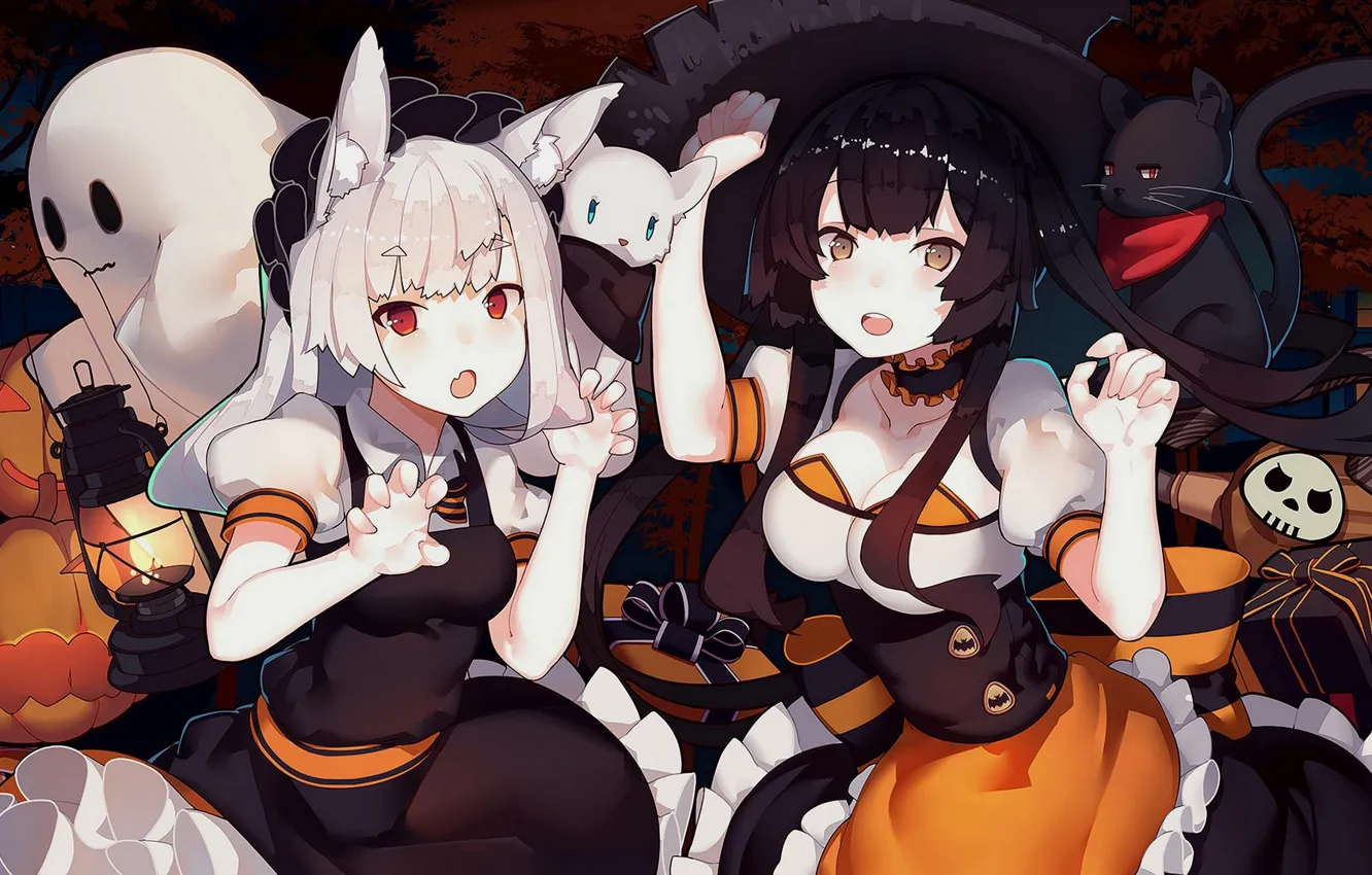 Photo wallpaper girls, neko, Halloween, kitties