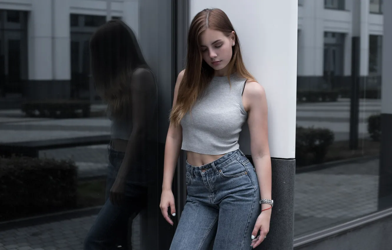 Photo wallpaper girl, city, model, street, women, jeans, brunette, reflection