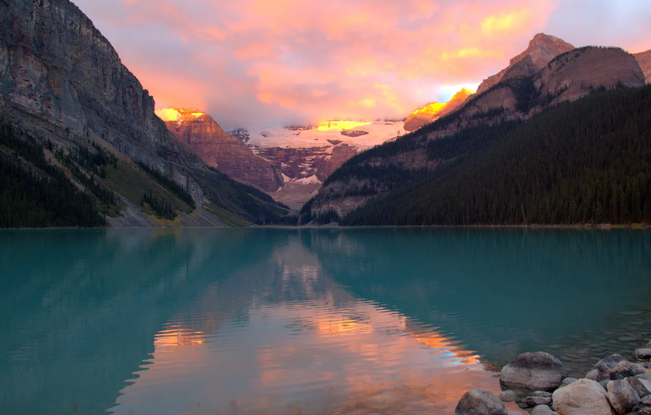 Photo wallpaper forest, sunset, mountains, lake